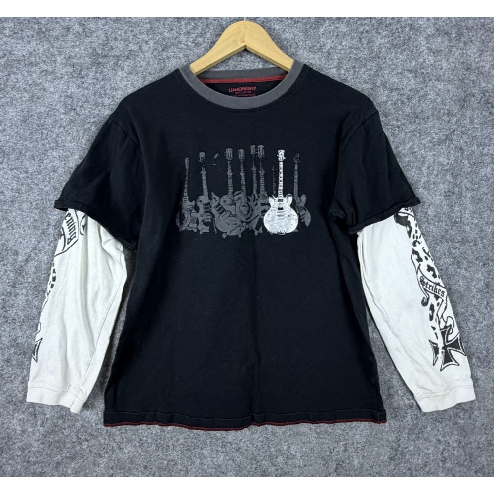 Y2K Unionbay Layered T-Shirt Boys Large Black Several Guitars Crew Neck